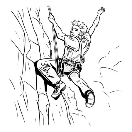 Illustration for Illustration of a rock climber jumping over a cliff with his hands up - Royalty Free Image