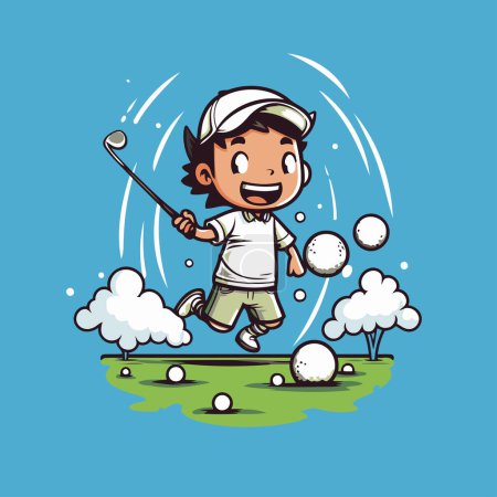 Téléchargez les illustrations : Illustration d'un garçon jouant au golf sur un terrain de golf. Illustration vectorielle. - en licence libre de droit