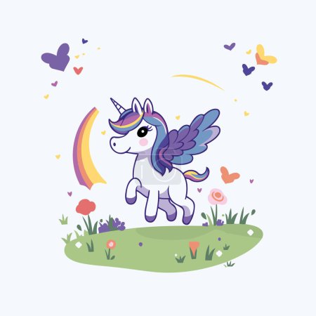 Ilustración de Lindo unicornio de dibujos animados con alas y arco iris en el fondo. Ilustración vectorial. - Imagen libre de derechos