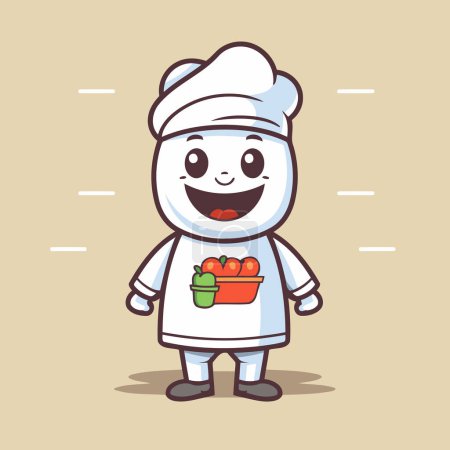 Illustration for Cute chef character with a bucket of strawberries. Vector illustration. - Royalty Free Image