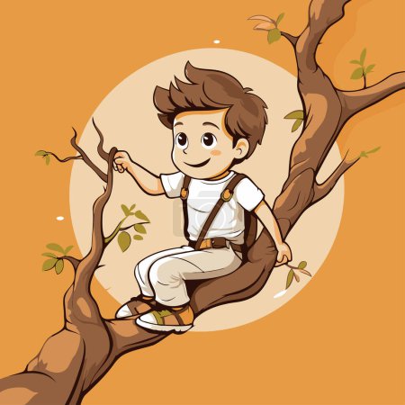Téléchargez les illustrations : Garçon assis sur la branche d'un arbre. Illustration vectorielle de bande dessinée. - en licence libre de droit