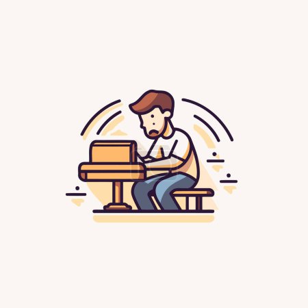 Téléchargez les illustrations : Un homme assis sur un banc et jouant du piano. Illustration vectorielle dans le style line art - en licence libre de droit
