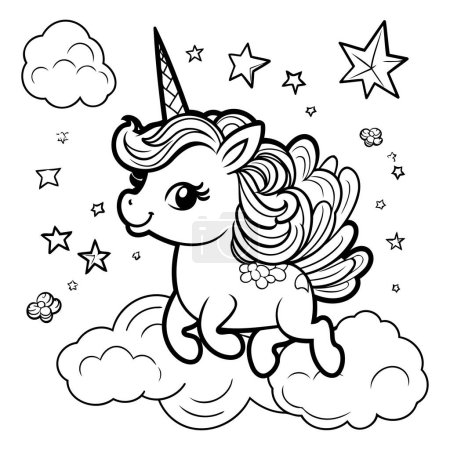 Illustration for Black and White Cartoon Illustration of Cute Unicorn on Cloud with Stars Coloring Book - Royalty Free Image