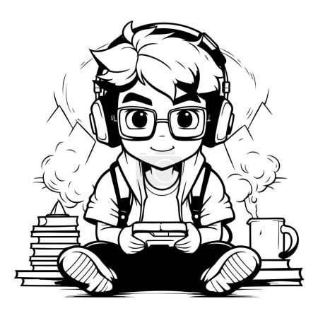 Illustration for Boy gamer playing video games - Black and White Vector Illustration. - Royalty Free Image