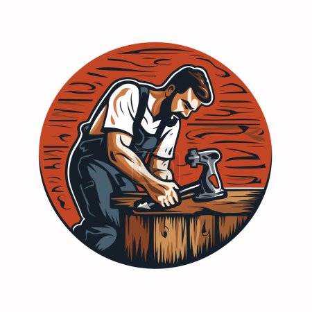 Illustration eines Holzarbeiters, der mit einem Bohrer auf isoliertem Hintergrund im Retro-Holzschnitt-Stil arbeitet.