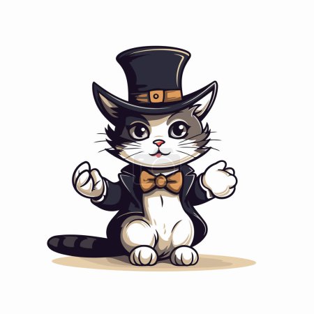 Téléchargez les illustrations : Drôle de chat dessin animé dans un chapeau haut de forme et noeud papillon. Illustration vectorielle. - en licence libre de droit