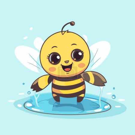 Illustration for Cute cartoon bee in a puddle of water. Vector illustration. - Royalty Free Image