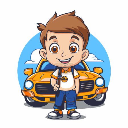 Téléchargez les illustrations : Garçon souriant avec voiture sur la route illustration vectorielle de personnage de dessin animé. - en licence libre de droit