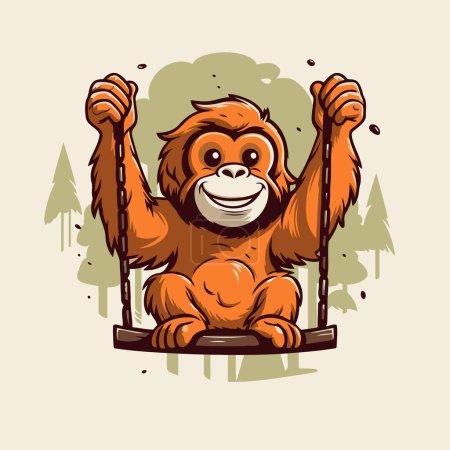 Orangutan on swing. Vector illustration of a cartoon character.