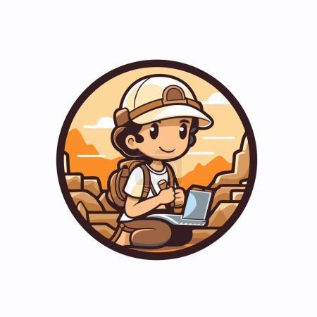 Illustration for Cartoon Illustration of a Kid Boy Hiking with Laptop - Royalty Free Image