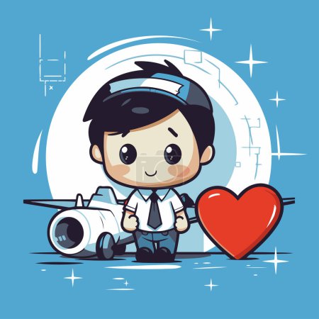 Ilustración de Lindo chico piloto con avión y corazón. Ilustración vectorial del personaje de dibujos animados - Imagen libre de derechos
