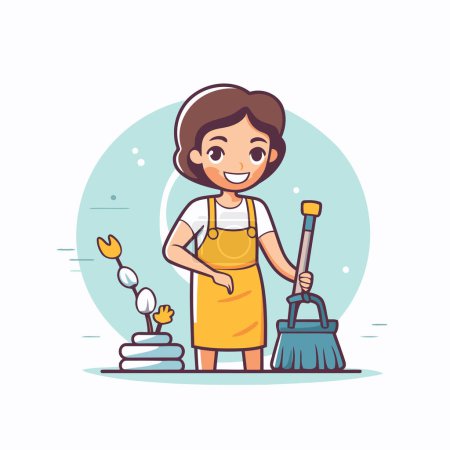 Illustration for Cute little girl cleaning the house. Vector illustration in cartoon style. - Royalty Free Image