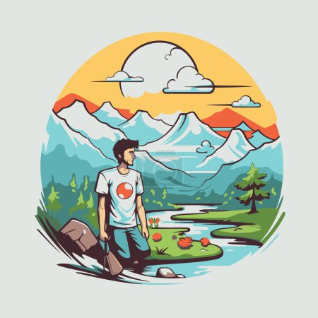 Ilustración de Caminante con una mochila en el fondo de las montañas. Ilustración vectorial. - Imagen libre de derechos