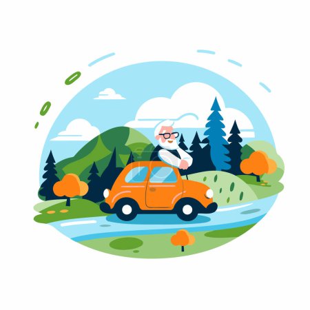 Illustration for Elderly man driving a car in the forest. Vector illustration - Royalty Free Image