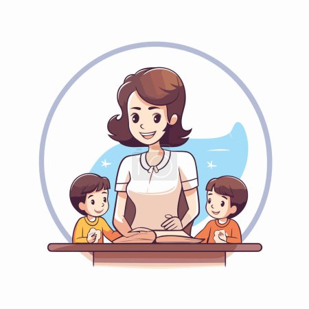 Ilustración de Madre e hijos en el aula. Ilustración vectorial en estilo de dibujos animados. - Imagen libre de derechos