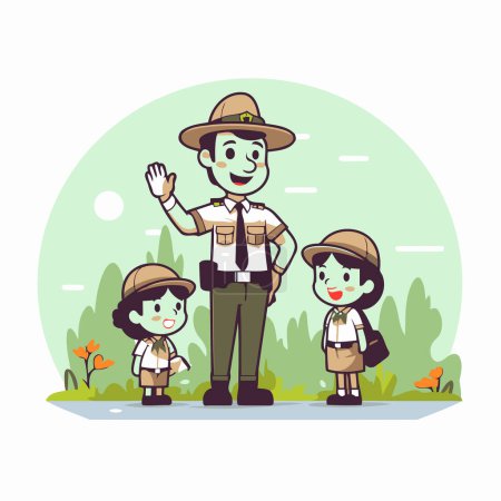 Ilustración de Boy scout y chica en el parque. Ilustración vectorial en estilo de dibujos animados - Imagen libre de derechos