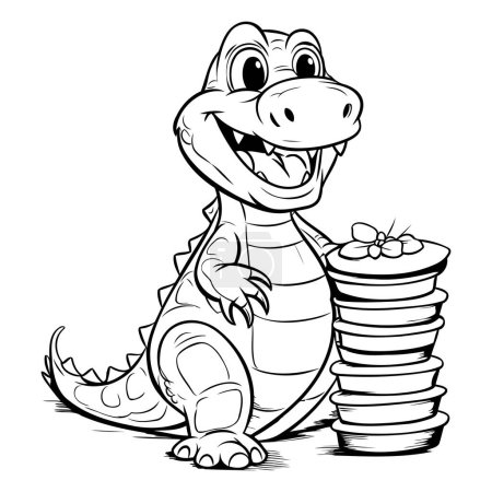 Téléchargez les illustrations : Mignon crocodile - Illustration de dessin animé noir et blanc. Vecteur - en licence libre de droit