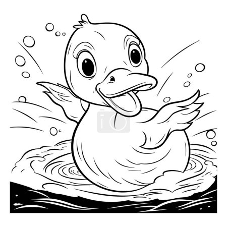 Ilustración de Ilustración de dibujos animados en blanco y negro de lindo pato bebé nadando en agua para colorear libro - Imagen libre de derechos
