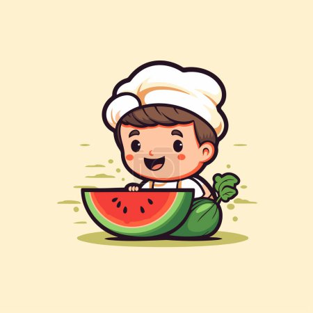 Illustration for Cute little chef boy with watermelon. Vector cartoon illustration. - Royalty Free Image