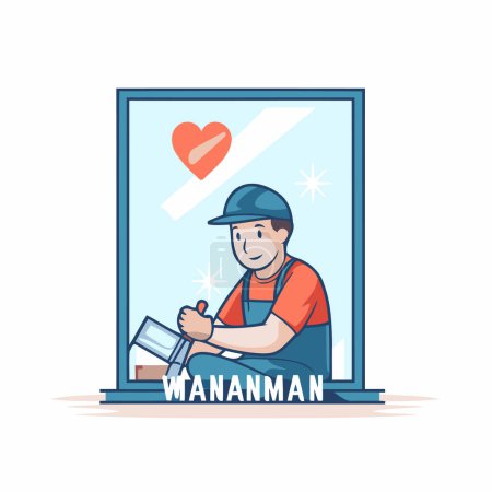 Illustration for Man worker in uniform and cap repairing broken window. cartoon vector illustration. - Royalty Free Image