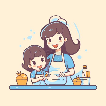 Illustration for Mother and daughter cooking in the kitchen. Vector illustration in cartoon style. - Royalty Free Image