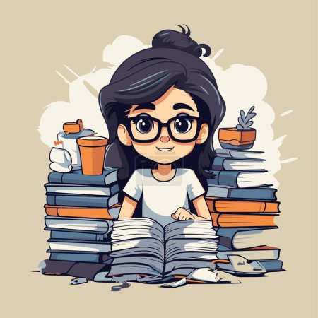 Illustration for Cute cartoon schoolgirl with pile of books. Vector illustration. - Royalty Free Image