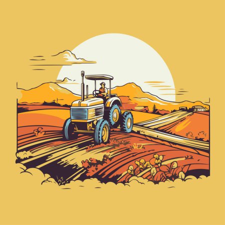 Téléchargez les illustrations : Tracteur sur le terrain. Tracteur sur la route. Illustration vectorielle - en licence libre de droit
