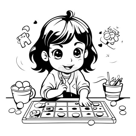 Illustration for Little girl playing board game. Black and white vector illustration for coloring book. - Royalty Free Image