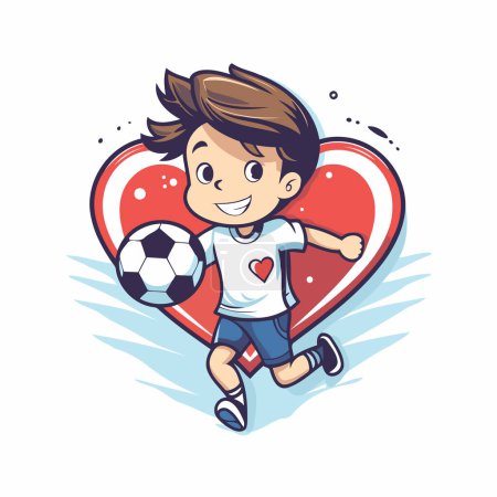 Illustration for Cute boy playing soccer with heart and ball. Vector illustration. - Royalty Free Image