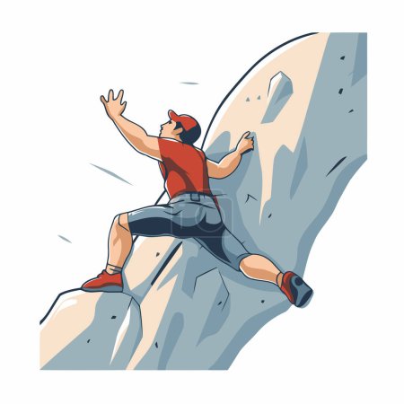 Illustration for Young man climbing on a rock. Vector illustration in cartoon style. - Royalty Free Image