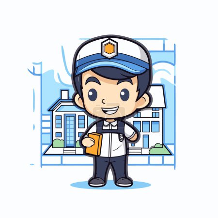 Illustration for Cute boy with police uniform and bag in the city vector illustration. - Royalty Free Image