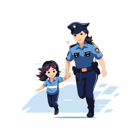 Téléchargez les illustrations : La policière et la petite fille qui courent ensemble. Illustration vectorielle. - en licence libre de droit