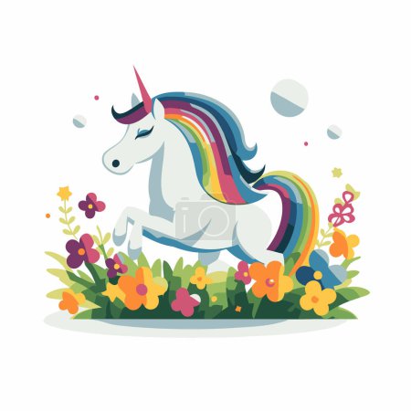 Illustration for Unicorn in the meadow with flowers. Vector illustration. - Royalty Free Image
