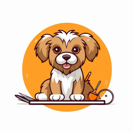 Téléchargez les illustrations : Mignon chien de dessin animé assis sur le sol. Illustration vectorielle sur fond blanc. - en licence libre de droit