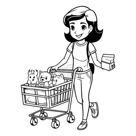 Illustration for Cute little girl with shopping cart and cat vector illustration graphic design - Royalty Free Image