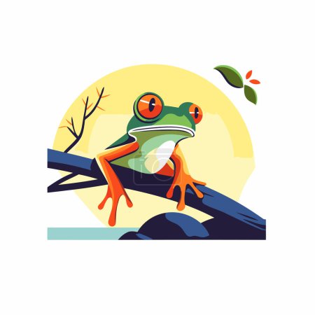 Frog sitting on a tree branch. Vector illustration in flat style