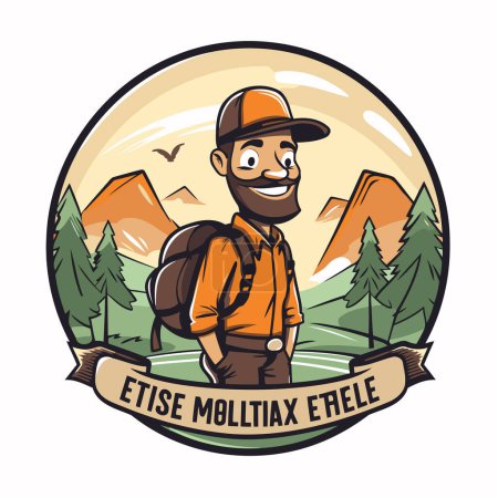 Illustration for Vector illustration of a man hiker with a backpack in the mountains - Royalty Free Image