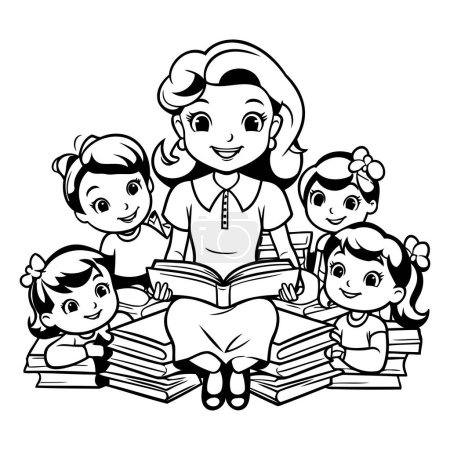 Téléchargez les illustrations : Professeur et les enfants avec des livres. illustration vectorielle noir et blanc design graphique - en licence libre de droit