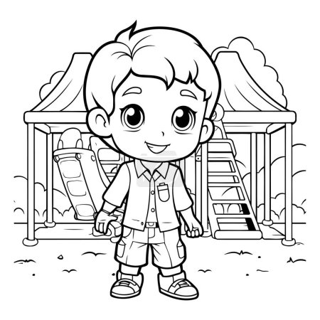 Ilustración de Ilustración de dibujos animados en blanco y negro de un niño jugando en un parque infantil Libro para colorear - Imagen libre de derechos