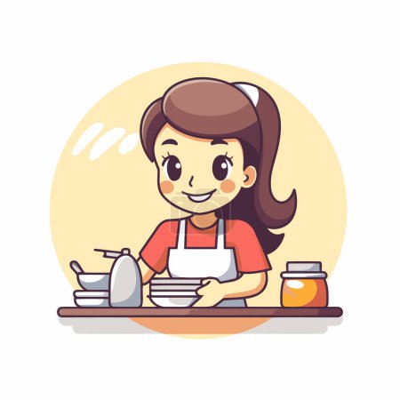 Téléchargez les illustrations : Jolie petite fille cuisine dans la cuisine. Illustration vectorielle dans le style dessin animé - en licence libre de droit