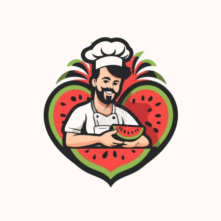 Illustration for Illustration of a male chef holding a slice of watermelon in heart shape - Royalty Free Image