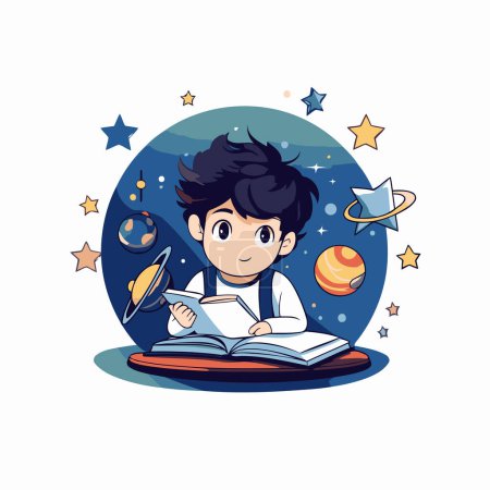 Ilustración de Niño leyendo un libro con planetas y estrellas a su alrededor vector ilustración diseño gráfico - Imagen libre de derechos