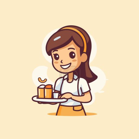 Illustration for Cute girl holding a plate of cake. Vector cartoon illustration. - Royalty Free Image