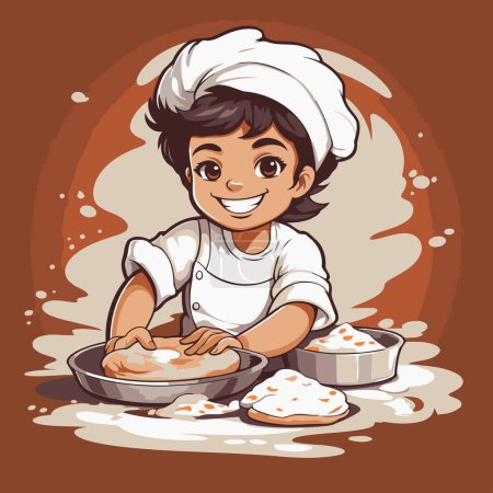 Illustration for Illustration of a Little Boy Cooking Pastry on a Brown Background - Royalty Free Image