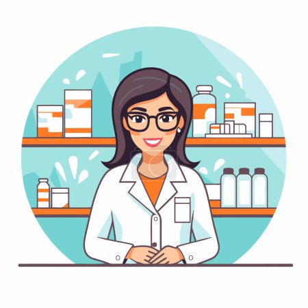 Illustration for Female pharmacist in the drugstore. Vector illustration in flat style. - Royalty Free Image