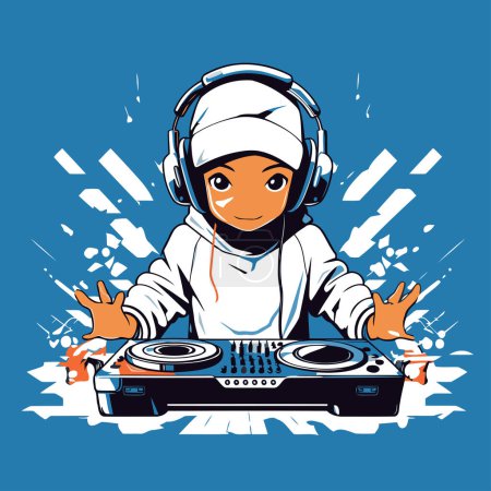 Ilustración de Ilustración vectorial de una chica dj tocando música con auriculares y mezclador. - Imagen libre de derechos