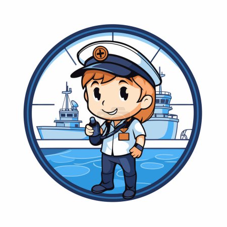 Illustration for Cute sailor boy cartoon in round icon vector illustration graphic design. - Royalty Free Image