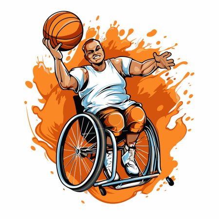 Illustration for Handicapped man in a wheelchair playing basketball. Handicapped athlete. Vector illustration. - Royalty Free Image