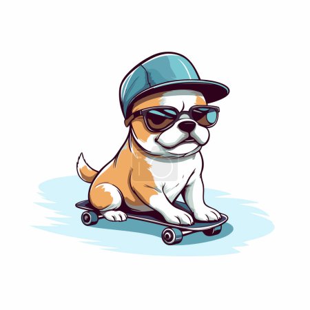 Téléchargez les illustrations : Mignon chien en lunettes de soleil monte sur une planche à roulettes. Illustration vectorielle. - en licence libre de droit