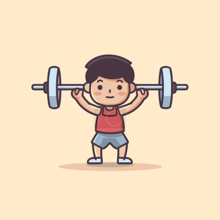 Illustration for Little boy lifting a barbell. Cute cartoon character. Vector illustration. - Royalty Free Image
